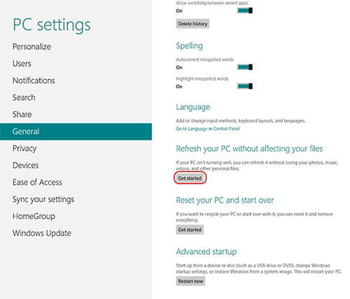 PC Settings, General, Refresh